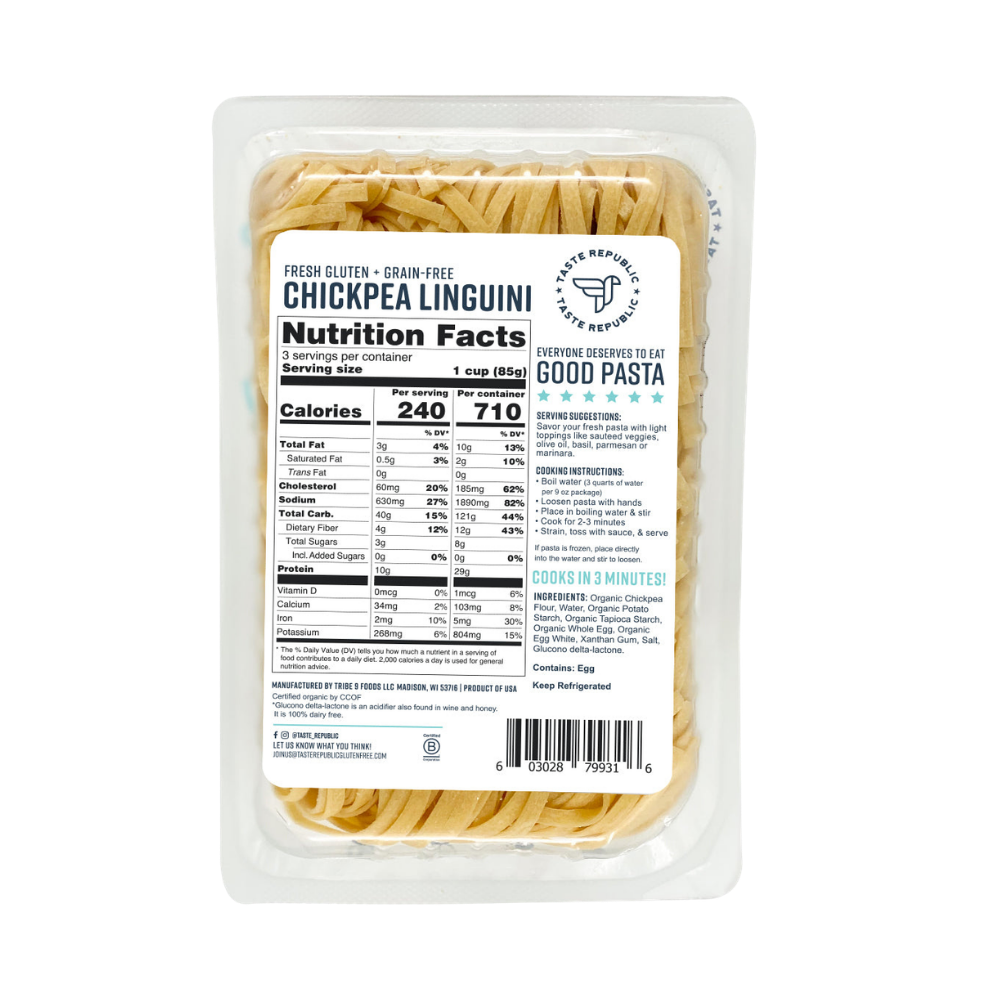 Taste Republic gluten-free chickpea linguini pasta pack with six organic, grain-free pasta bundles, showcasing the product packaging.