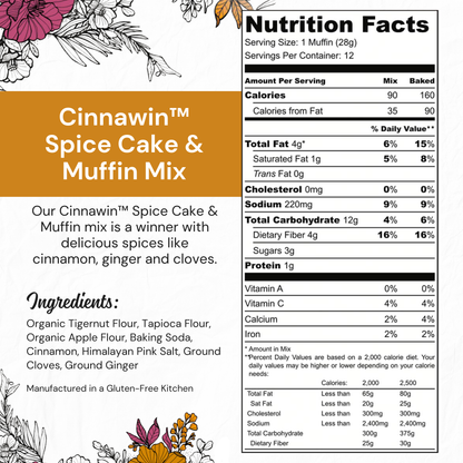 Eat G.A.N.G.S.T.E.R. Cinnawin™ Spice Cake and Muffin Mix box with cinnamon spice cake and muffin mix ingredients on a white background.