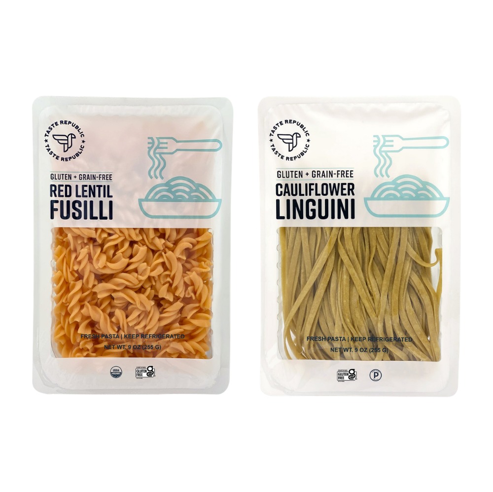 Taste Republic gluten-free pasta variety pack with six different fresh pasta types, displayed in a clear, attractive package.