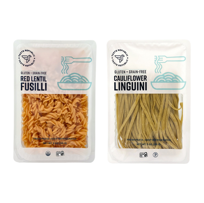 Taste Republic gluten-free pasta variety pack with six different fresh pasta types, displayed in a clear, attractive package.