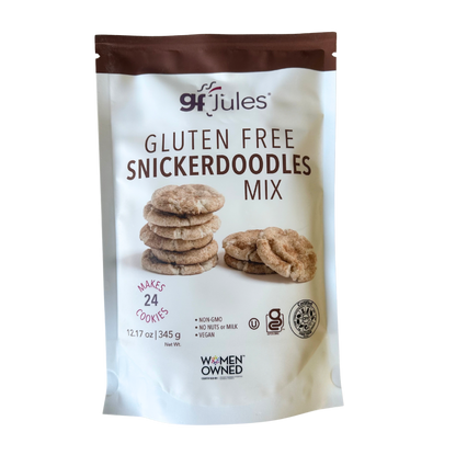 gfJules gluten free snickerdoodle mix in a bag, showing the product packaging and branding for baking cookies at home