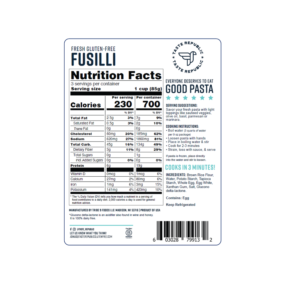 Taste Republic gluten-free fusilli pasta in a 6-pack, showing uncooked spiral-shaped gluten-free pasta from the brand Taste Republic Gluten-Free.