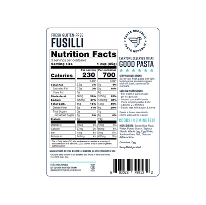 Taste Republic gluten-free fusilli pasta in a 6-pack, showing uncooked spiral-shaped gluten-free pasta from the brand Taste Republic Gluten-Free.