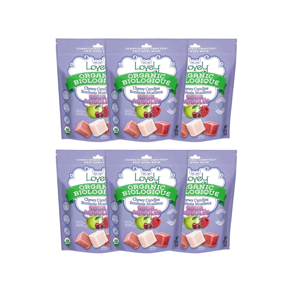 Organic sour chewy candies by Lovely Candy Company, colorful and fruity, displayed in a clear bowl on a white background.