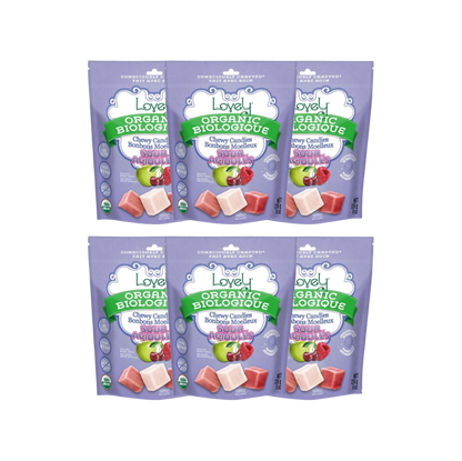 Organic sour chewy candies by Lovely Candy Company, colorful and fruity, displayed in a clear bowl on a white background.