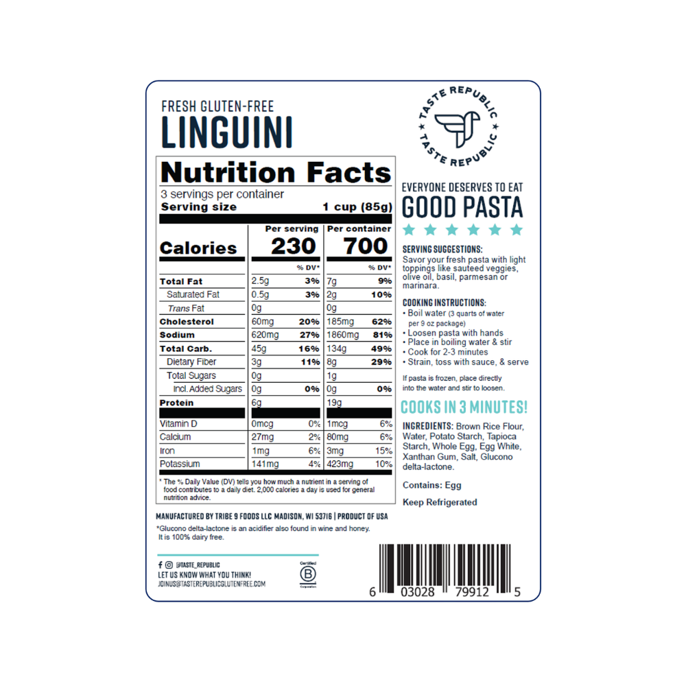 Taste Republic gluten-free linguini pasta in a 6-pack, showcasing uncooked pasta with a smooth, light-colored surface.
