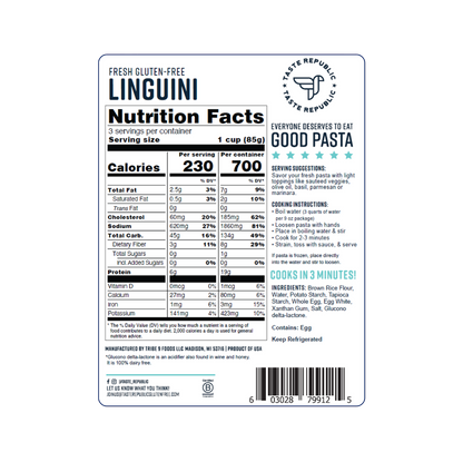 Taste Republic gluten-free linguini pasta in a 6-pack, showcasing uncooked pasta with a smooth, light-colored surface.