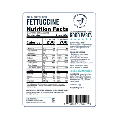 Taste Republic gluten-free fettuccine pasta pack, fresh and uncooked, showing six boxes of gluten-free pasta noodles.
