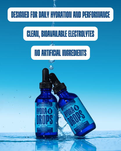 Hydra Hydration Hydra Drops sea mineral electrolyte drops in a clear bottle with a dropper for hydration and mineral replenishment.