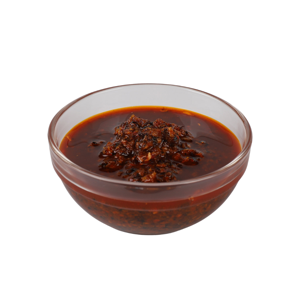 Mr Bing Chili Crisp 7 oz jar featuring spicy chili oil with crunchy bits, showcasing the flavorful, vibrant condiment from Mr Bing Foods.