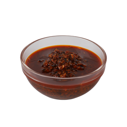 Mr Bing Chili Crisp 7 oz jar featuring spicy chili oil with crunchy bits, showcasing the flavorful, vibrant condiment from Mr Bing Foods.
