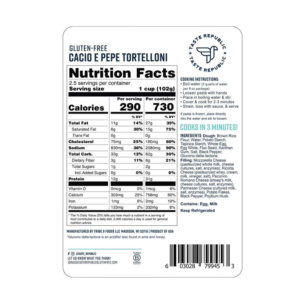 Taste Republic gluten-free Cacio e Pepe Tortelloni pasta in a 6-pack, showcasing the fresh, uncooked pasta with a light flour coating.