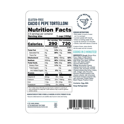 Taste Republic gluten-free Cacio e Pepe Tortelloni pasta in a 6-pack, showcasing the fresh, uncooked pasta with a light flour coating.