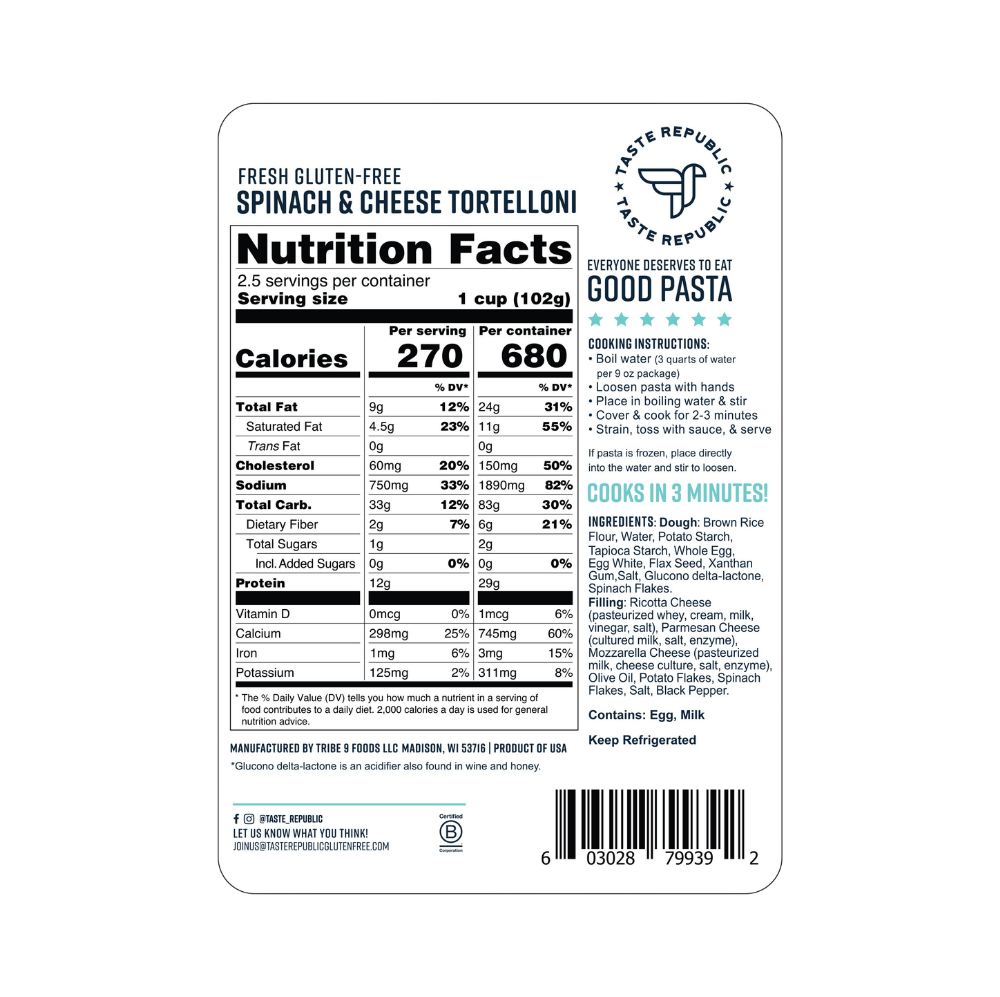 Taste Republic gluten-free spinach and cheese tortelloni pasta pack, showing the colorful, fresh tortelloni on a white plate.
