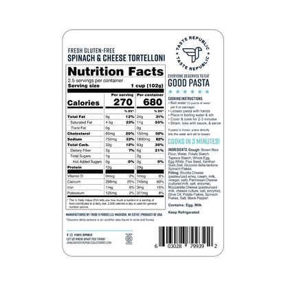 Taste Republic gluten-free spinach and cheese tortelloni pasta pack, showing the colorful, fresh tortelloni on a white plate.