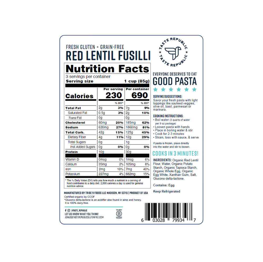 Taste Republic gluten-free red lentil fusilli pasta in a 6-pack, organic, grain-free, with vibrant red color and spiral shape.