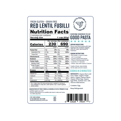 Taste Republic gluten-free red lentil fusilli pasta in a 6-pack, organic, grain-free, with vibrant red color and spiral shape.