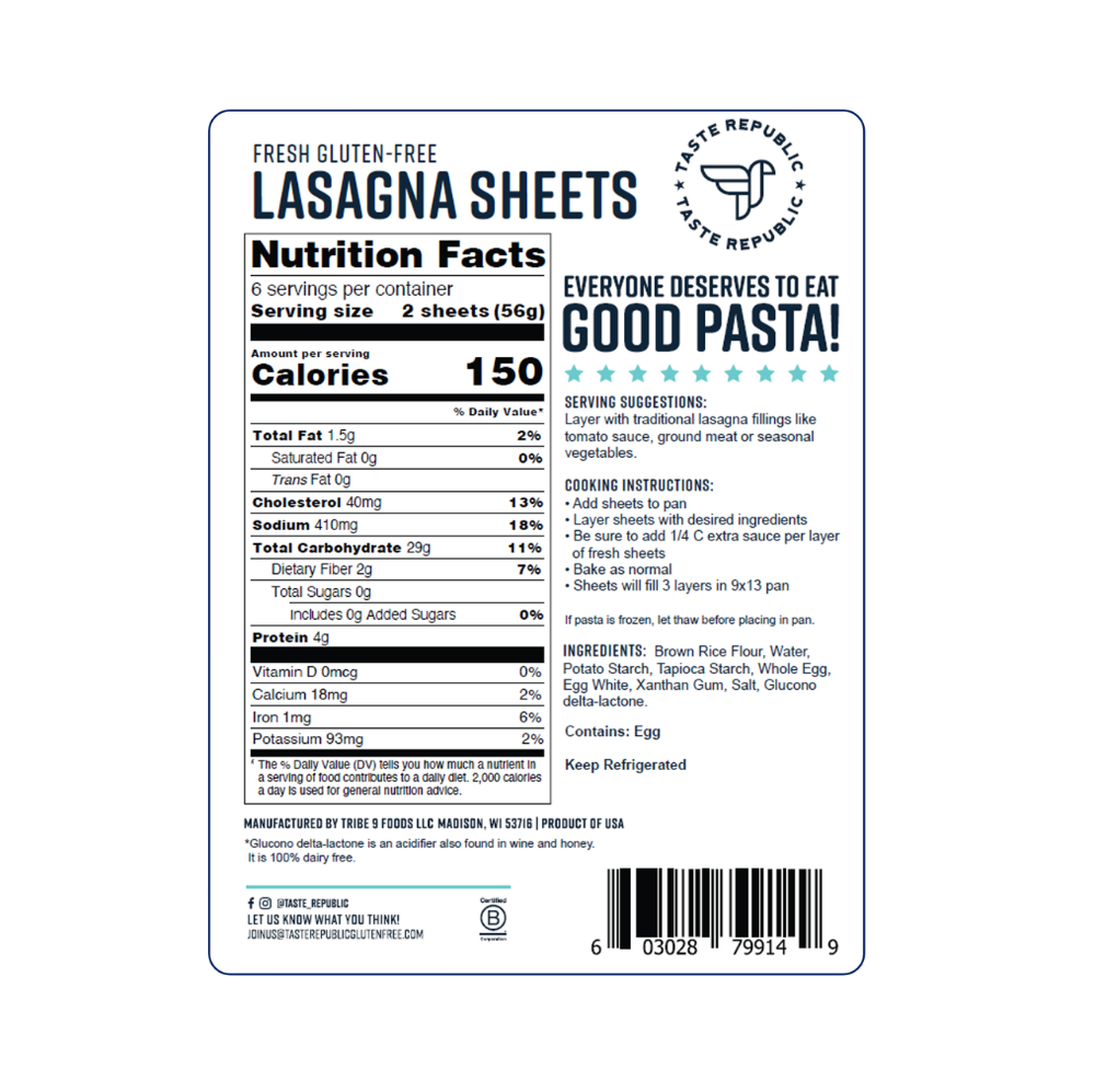 Taste Republic gluten-free lasagna sheets in a 6-pack, fresh pasta with layered, uncooked pasta sheets for lasagna dishes.