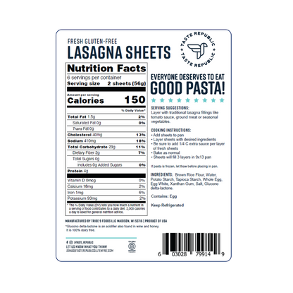 Taste Republic gluten-free lasagna sheets in a 6-pack, fresh pasta with layered, uncooked pasta sheets for lasagna dishes.