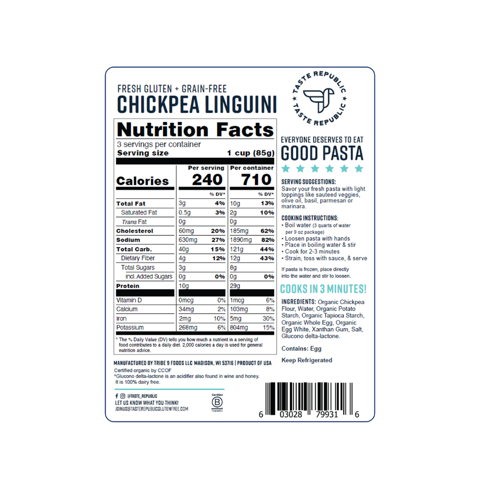 Taste Republic gluten-free chickpea linguini pasta pack, organic grain-free pasta made from fresh chickpeas, 6-pack.