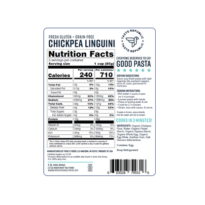 Taste Republic gluten-free chickpea linguini pasta pack, organic grain-free pasta made from fresh chickpeas, 6-pack.