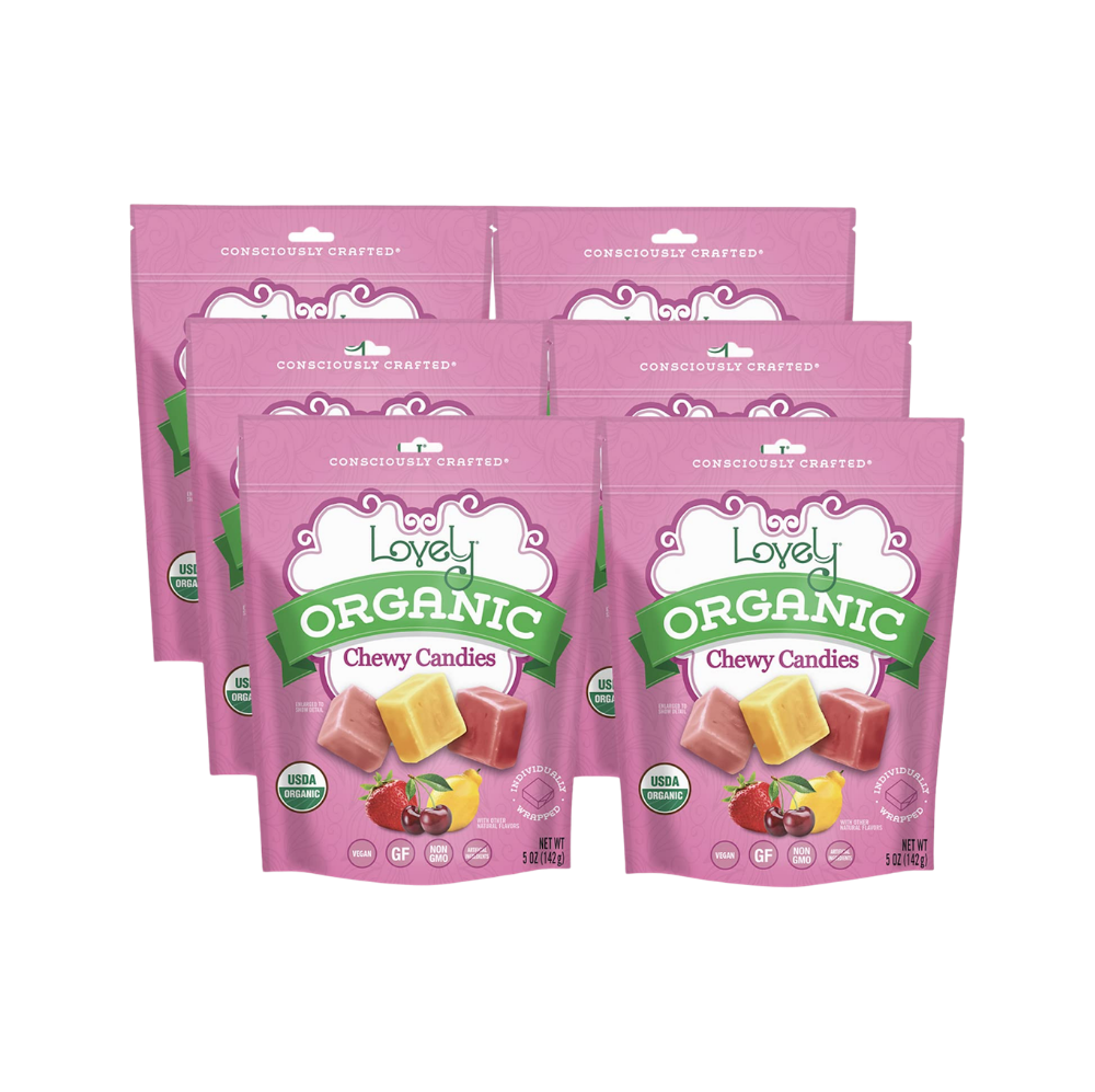 Organic chewy candies from Lovely Candy Company, colorful assortment of fruity and sweet treats in vibrant packaging.