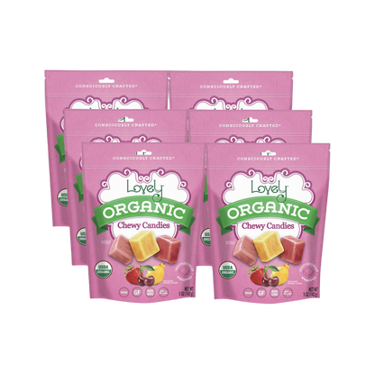 Organic chewy candies from Lovely Candy Company, colorful assortment of fruity and sweet treats in vibrant packaging.