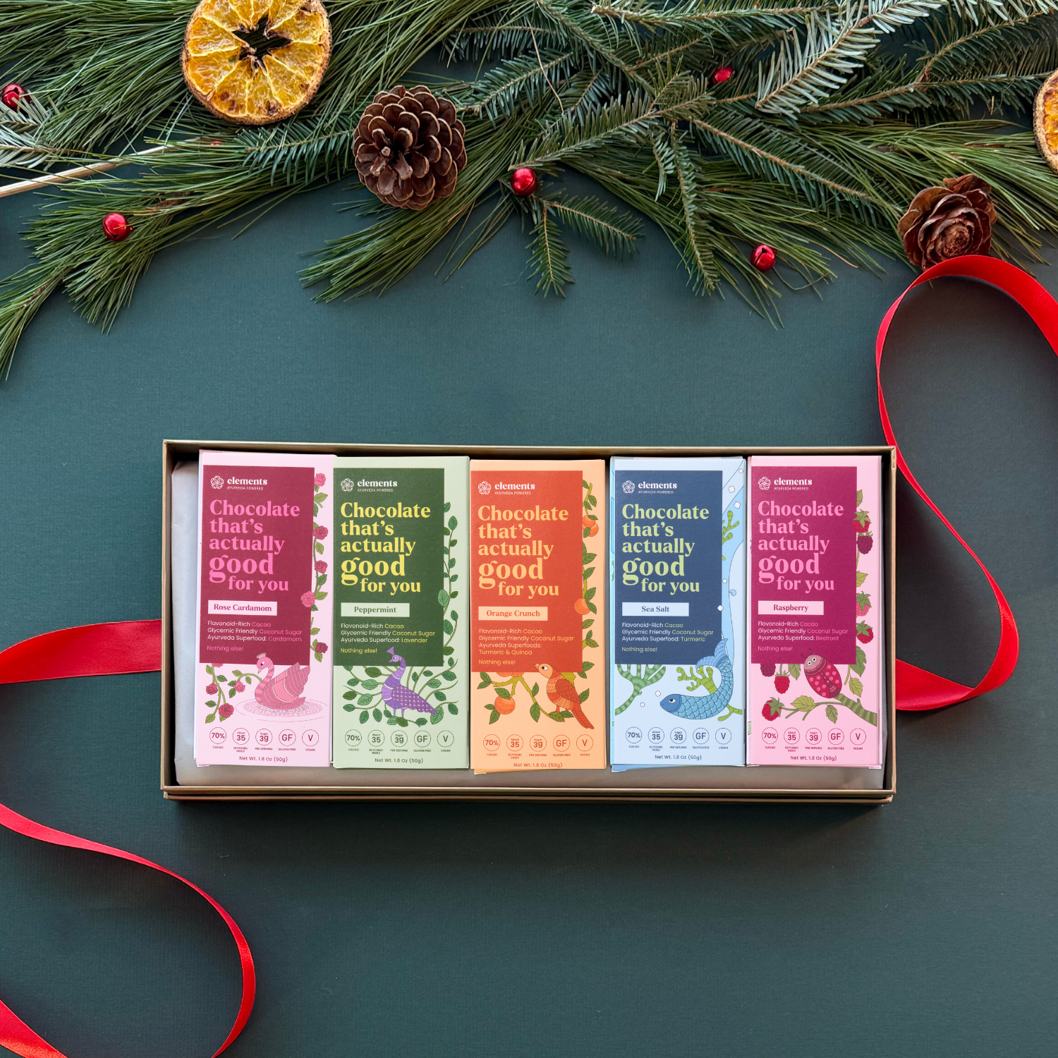 Elements Truffles Aura Gift Box of assorted chocolates with elegant packaging and luxurious chocolates inside.