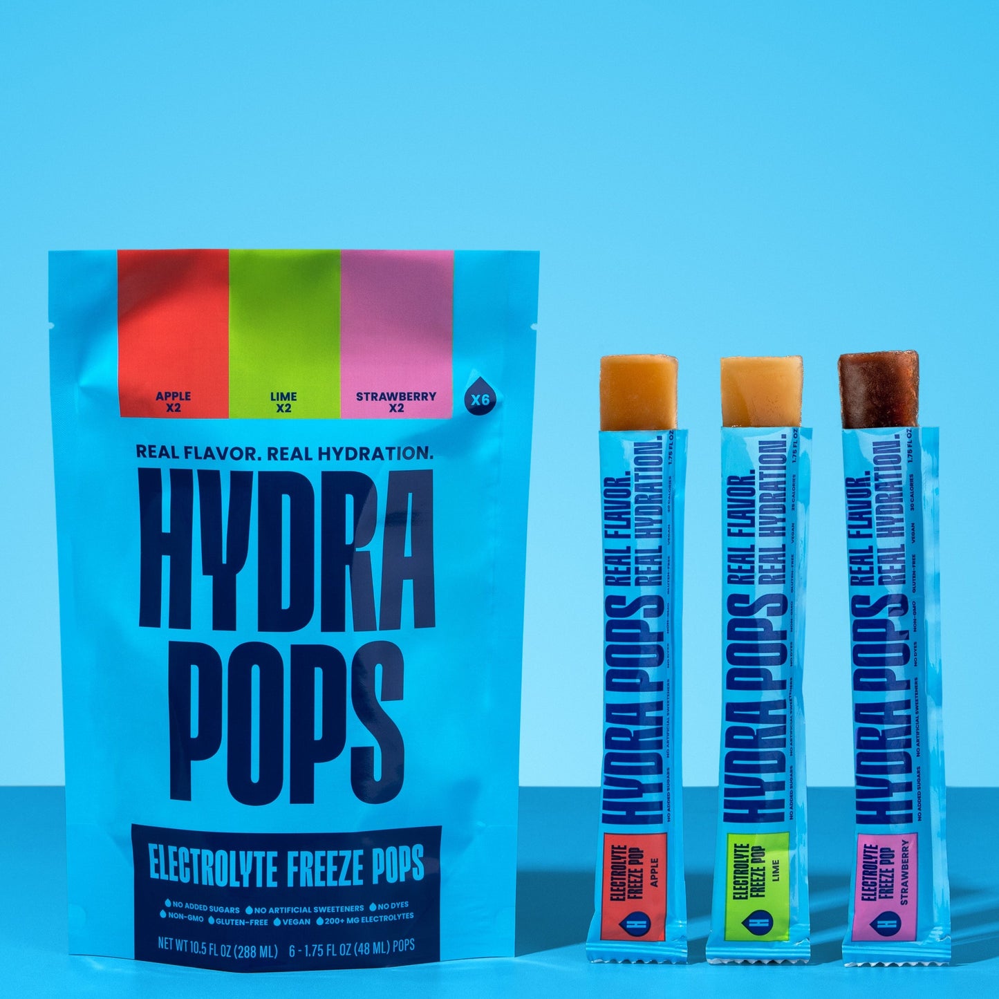 Assorted Hydra Pops hydration drinks in a variety pack with colorful packaging and different flavors, from Hydra Hydration.
