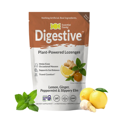 Essential Candy Digestive Botanical Lozenges for herbal digestion support in a natural supplement form.