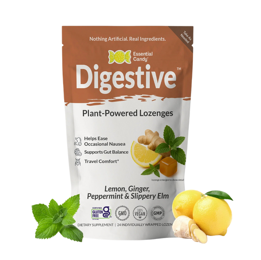 Essential Candy Digestive Botanical Lozenges for herbal digestion support in a natural supplement form.