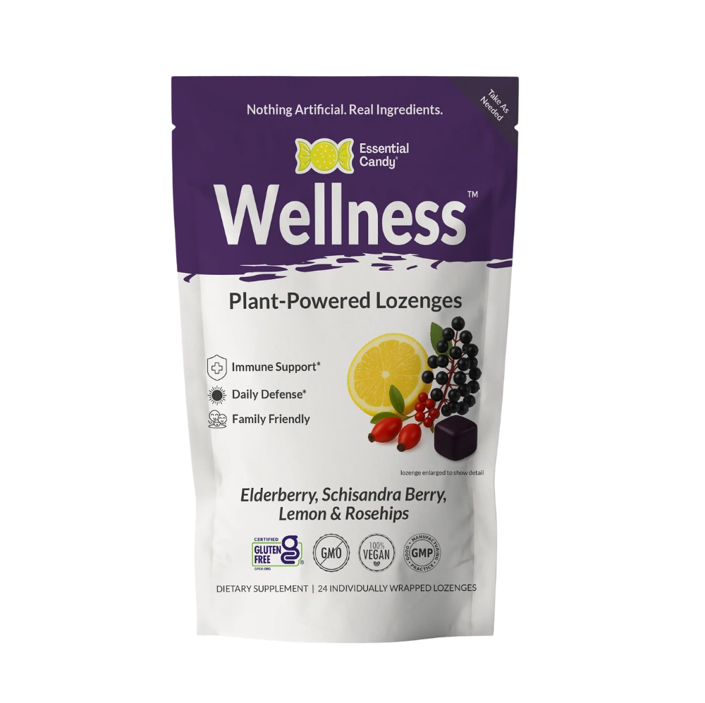 Essential Candy Wellness™ Botanical Lozenges herbal supplements in a package, featuring natural herbal ingredients.