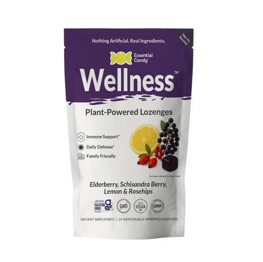 Essential Candy Wellness™ Botanical Lozenges herbal supplements in a package, featuring natural herbal ingredients.
