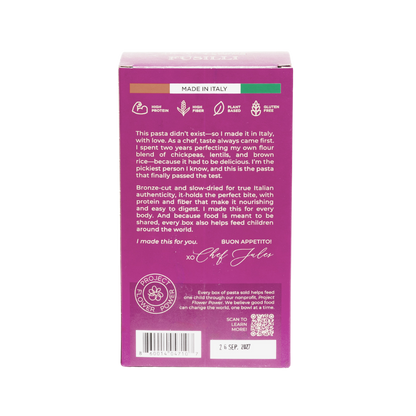 Flower Chef Foods high protein fusilli pasta, uncooked, showing a close-up of the spiral-shaped pasta on a white background.
