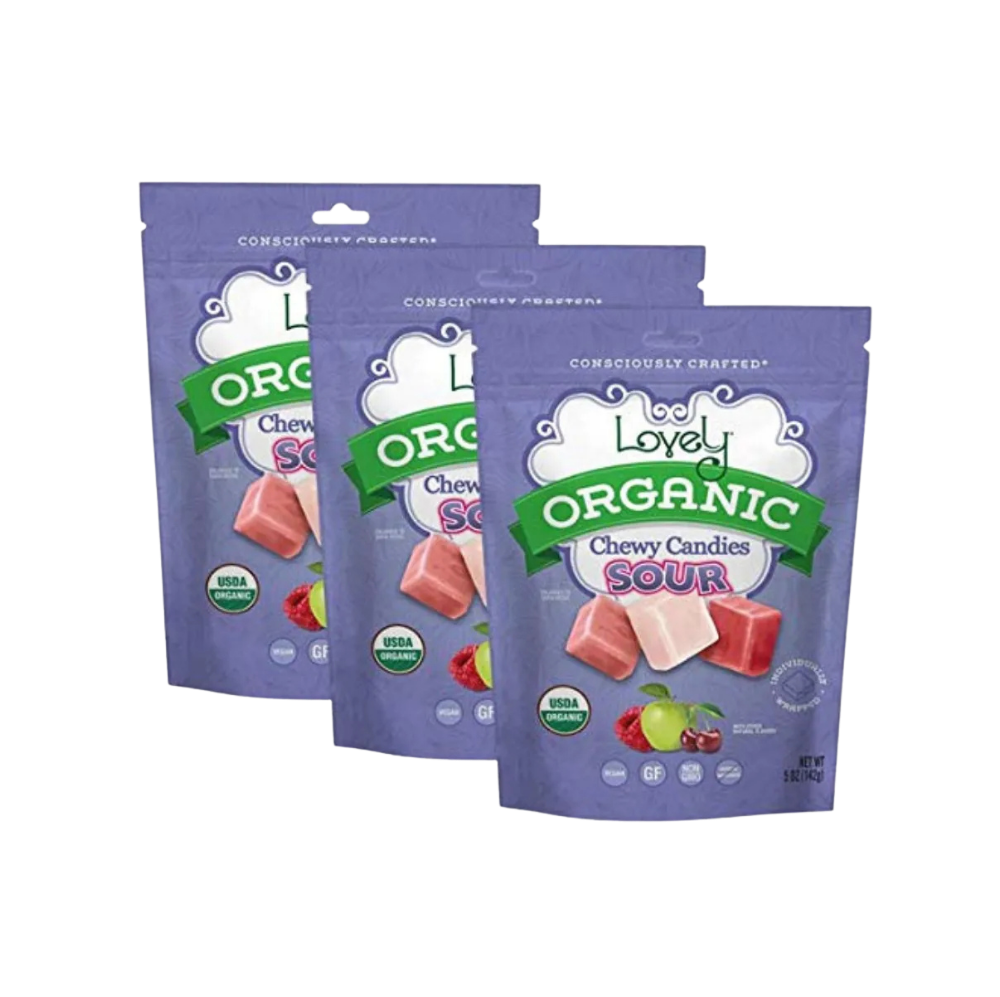 Organic Sour Chewy Candies by Lovely Candy Company, colorful and fruity candies with a sour taste and chewy texture.