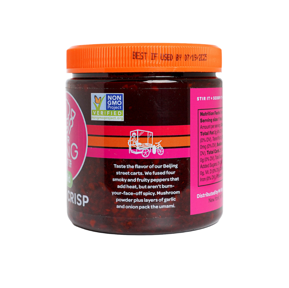 Jar of Mr Bing Chili Crisp spicy sauce by Mr Bing Foods, 7 oz, with vibrant red chili oil and crispy chili flakes visible inside.
