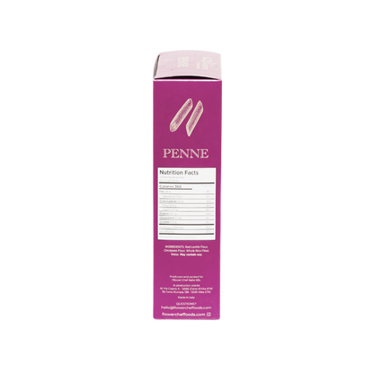 Pack of three Flower Chef Foods high protein penne pasta with uncooked pasta in a clear view.