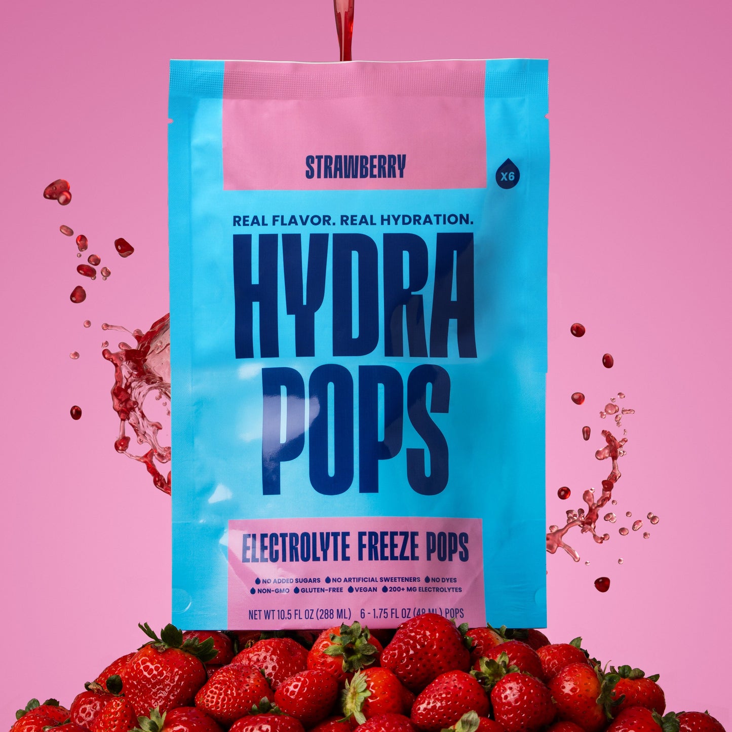 Hydra Hydration Hydra Pops Strawberry flavored hydration ice pops in clear packaging with strawberry imagery.