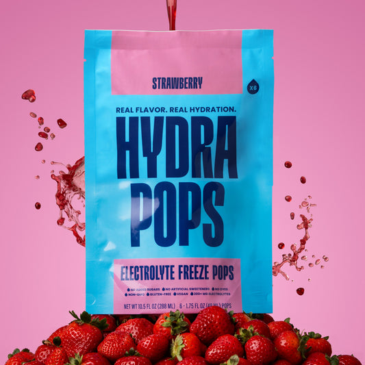 Hydra Hydration Hydra Pops Strawberry flavored hydration ice pops in clear packaging with strawberry imagery.