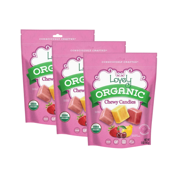 Organic chewy candies from Lovely Candy Company in colorful wrappers, showcasing their vibrant and appealing packaging.