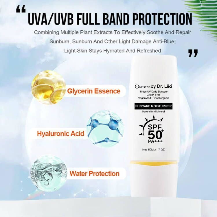 EpiLynx SPF 50 mineral moisturizer bottle showing hydrating, vegan, sensitive-skin friendly suncare product with SPF 50.