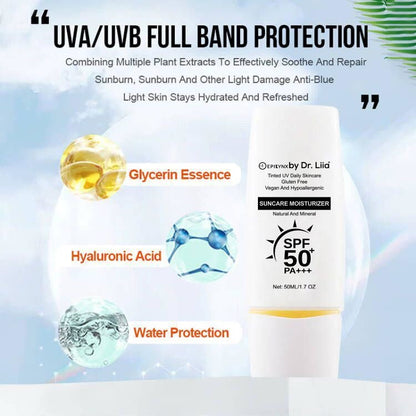 EpiLynx SPF 50 mineral moisturizer bottle showing hydrating, vegan, sensitive-skin friendly suncare product with SPF 50.