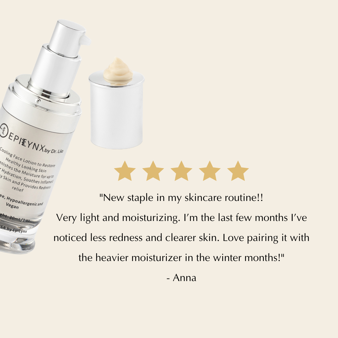EpiLynx lightweight face moisturizer serum for sensitive and dry skin, calming and hydrating with a 5-star review.