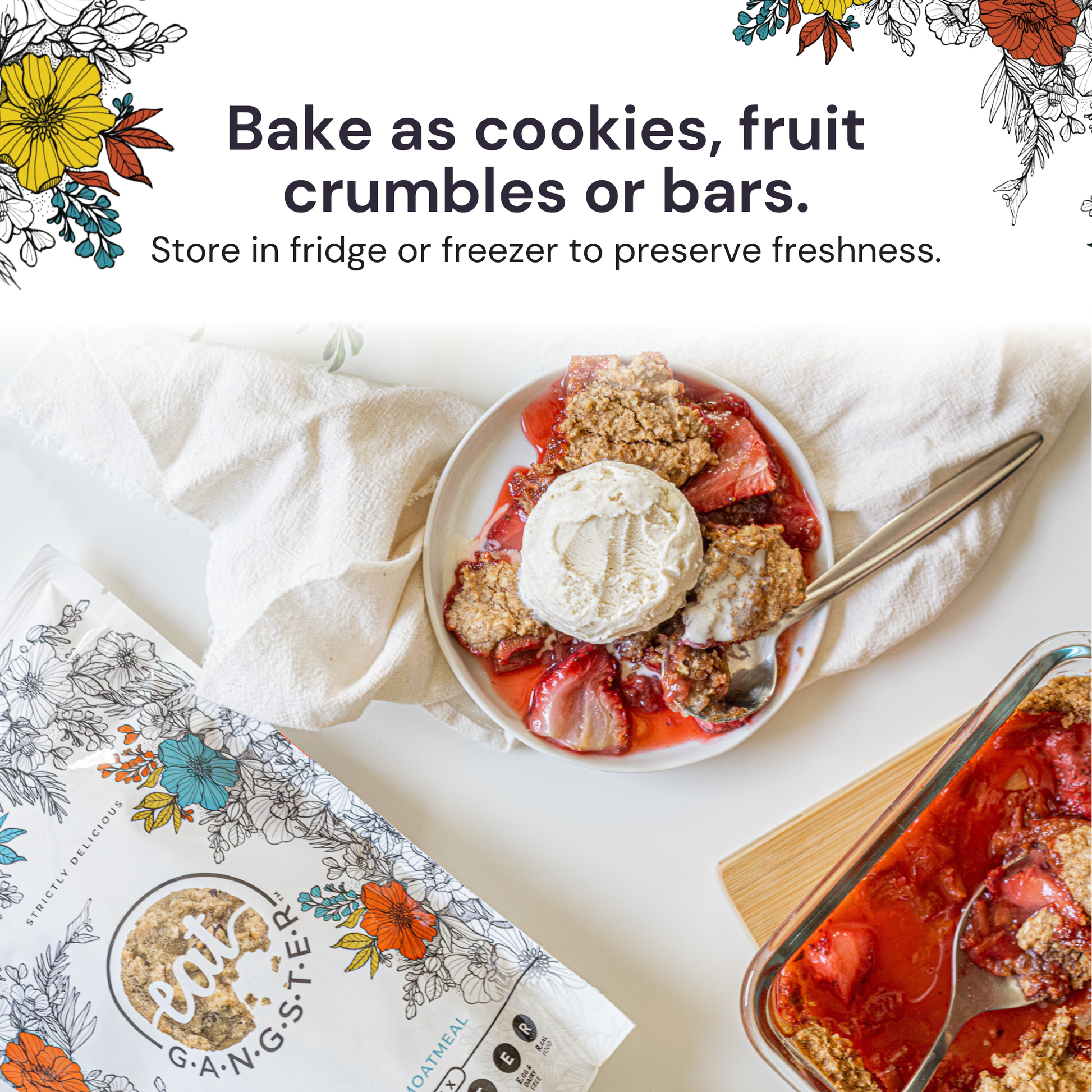 Eat G.A.N.G.S.T.E.R. Foatmeal Cookie Mix package with six cookie mix pouches, showcasing fresh, ready-to-bake oatmeal cookies.