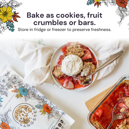 Eat G.A.N.G.S.T.E.R. Foatmeal Cookie Mix package with six cookie mix pouches, showcasing fresh, ready-to-bake oatmeal cookies.