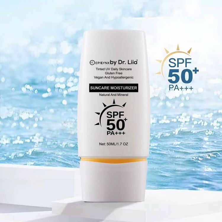 EpiLynx SPF 50 mineral moisturizer for sensitive skin, hydrating vegan suncare with a smooth, creamy texture.