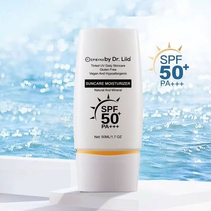 EpiLynx SPF 50 mineral moisturizer for sensitive skin, hydrating vegan suncare with a smooth, creamy texture.