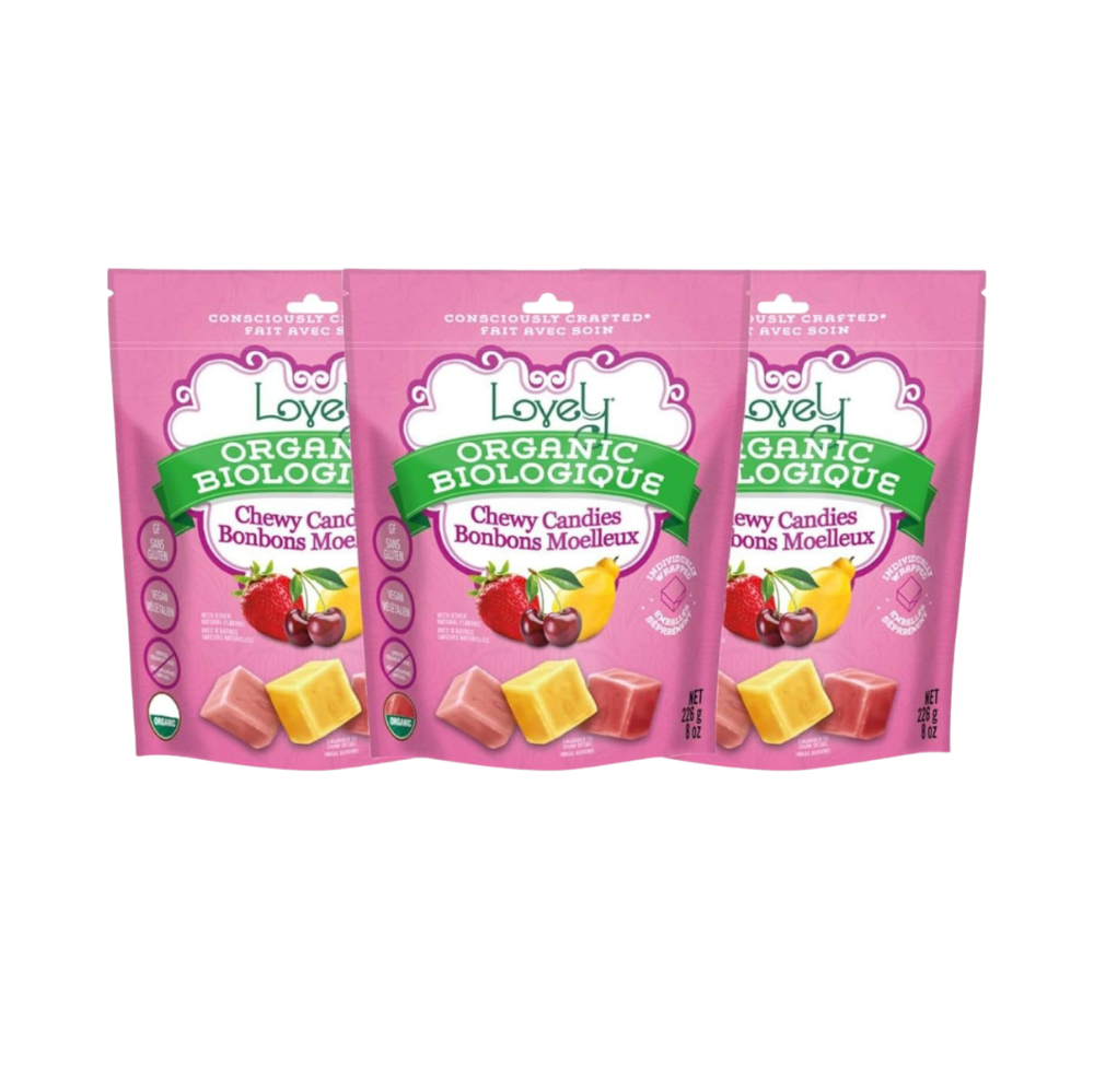 Assorted organic chewy candies from Lovely Candy Company in colorful wrappers, displayed on a white background.
