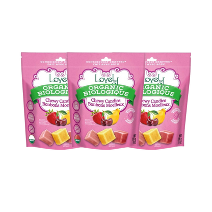Assorted organic chewy candies from Lovely Candy Company in colorful wrappers, displayed on a white background.