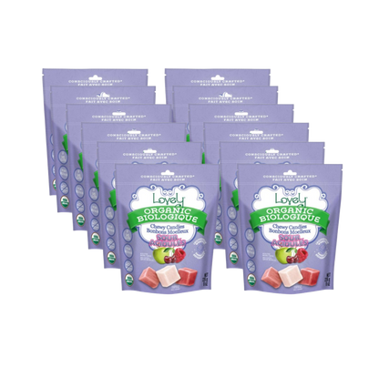Organic sour chewy candies from Lovely Candy Company, colorful candies with a tangy, fruity appearance in a clear bag.